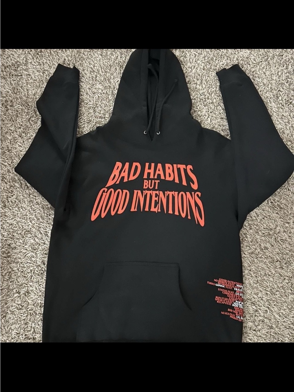 VLONE Black Hoodie with Red "Bad Habits But Good Intentions" Graphic
